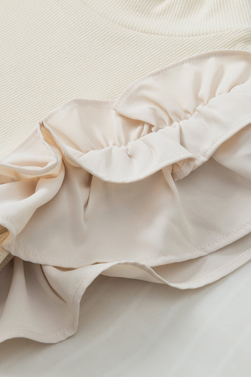 Beige Ruffle Flutter Sleeve High Neck Ribbed Blouse
