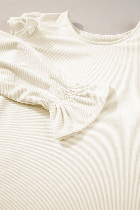 Beige Ruffled Flounce Sleeve Corduroy Blouse
