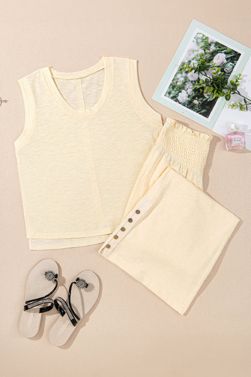 Beige Solid Color Tank Top and Smocked Waist Pants Set