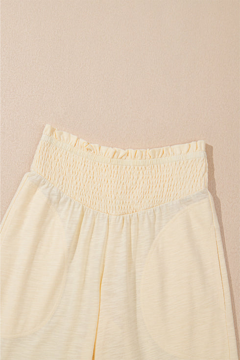 Beige Solid Color Tank Top and Smocked Waist Pants Set