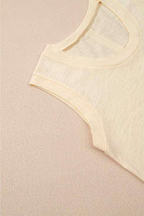 Beige Solid Color Tank Top and Smocked Waist Pants Set