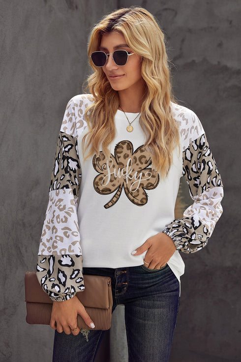 Beige St. Patrick'S Day Leopard Clover Print Long Sleeve Top