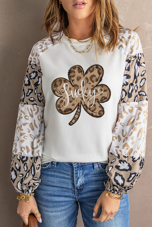 Beige St. Patrick'S Day Leopard Clover Print Long Sleeve Top