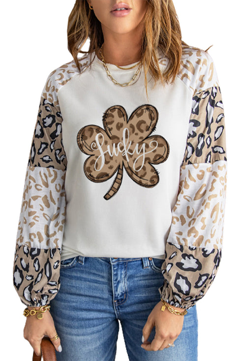 Beige St. Patrick'S Day Leopard Clover Print Long Sleeve Top