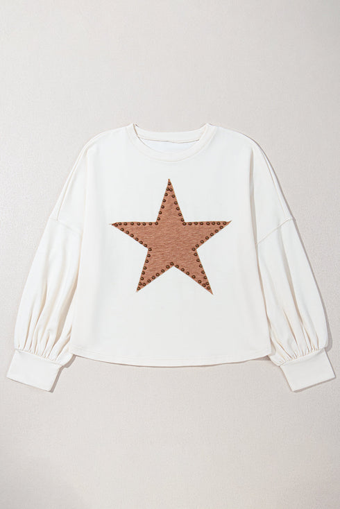 Beige Star Shape Studded Crew Neck Plus Size Long Sleeve Top