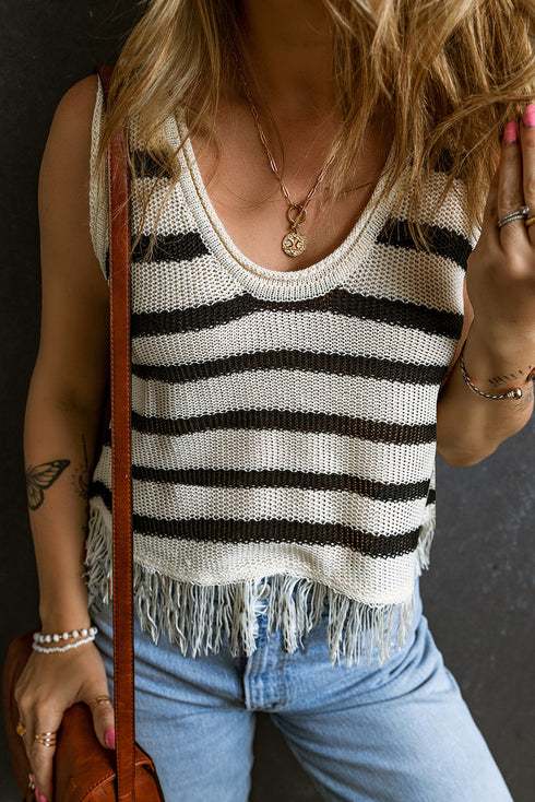 Beige Stripe Loose Knit Fringe Tank Top