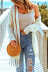 Beige Tasseled Hollow-Out Cable Knit Cardigan