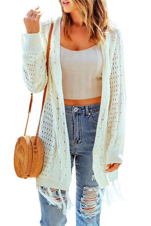 Beige Tasseled Hollow-Out Cable Knit Cardigan