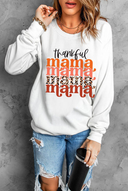 Beige Thankful Mama Graphic Print Long Sleeve Sweatshirt