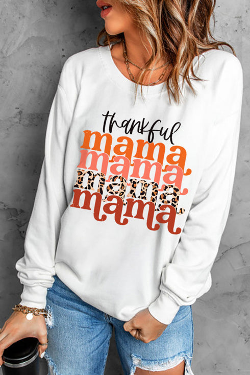 Beige Thankful Mama Graphic Print Long Sleeve Sweatshirt