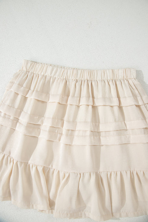 Beige Tiered Ruffled Hemline Elastic Waist Mini Skirt