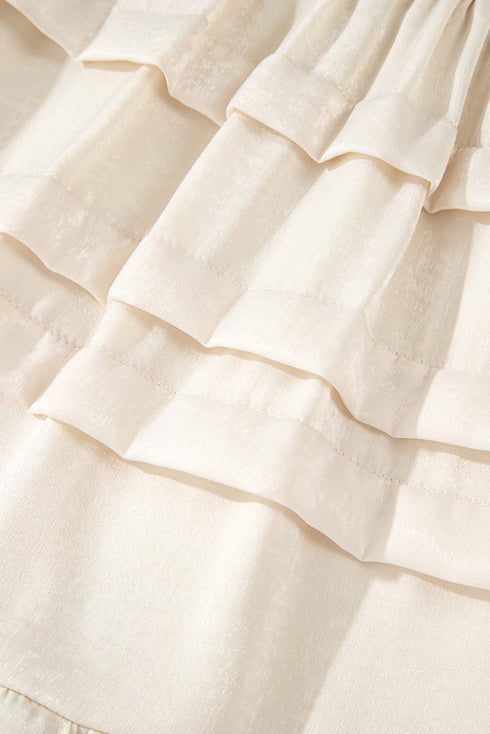 Beige Tiered Ruffled Hemline Elastic Waist Mini Skirt