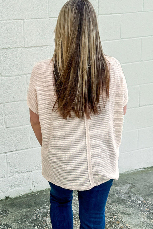 Beige Waffle Exposed Seam Detail Plus Size Short Sleeve Top