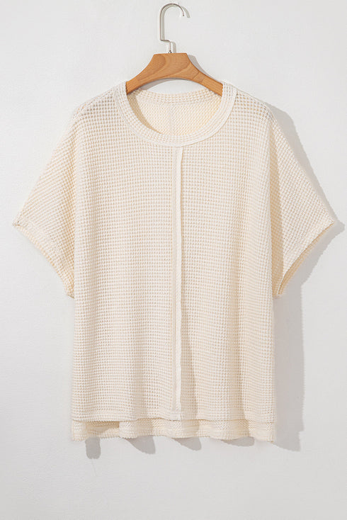 Beige Waffle Exposed Seam Detail Plus Size Short Sleeve Top