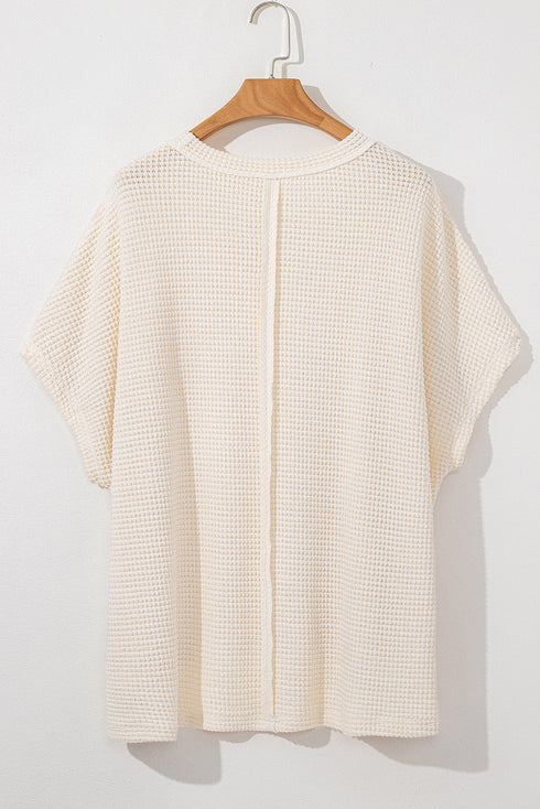 Beige Waffle Exposed Seam Detail Plus Size Short Sleeve Top