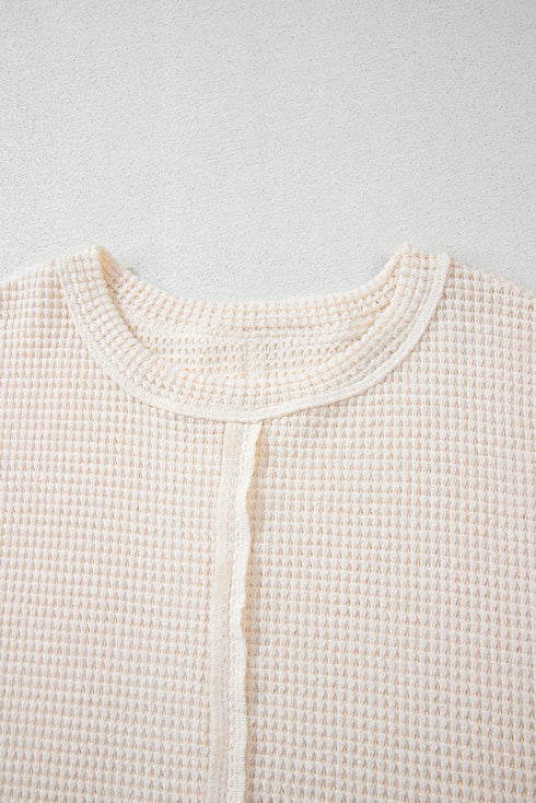 Beige Waffle Exposed Seam Detail Plus Size Short Sleeve Top