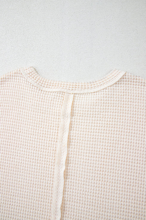 Beige Waffle Exposed Seam Detail Plus Size Short Sleeve Top
