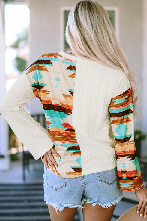 Beige Western Aztec Patch Textured Knit Top