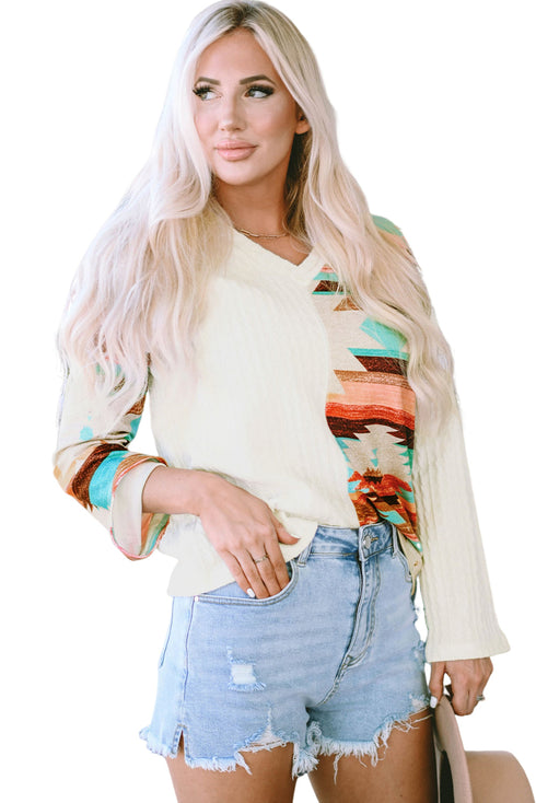 Beige Western Aztec Patch Textured Knit Top