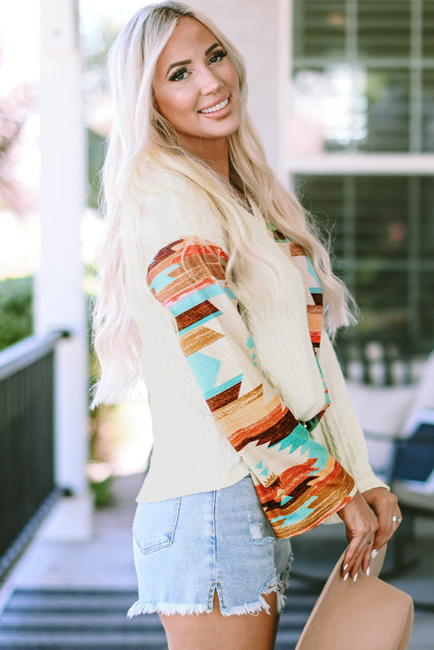 Beige Western Aztec Patch Textured Knit Top