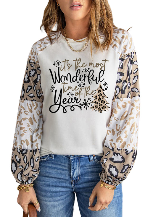 Beige Wonderful Christmas Season Leopard Graphic Long Sleeve Top