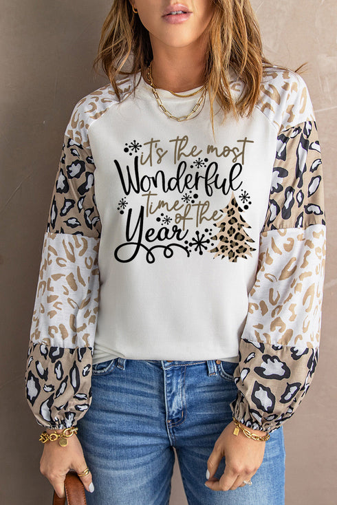 Beige Wonderful Christmas Season Leopard Graphic Long Sleeve Top