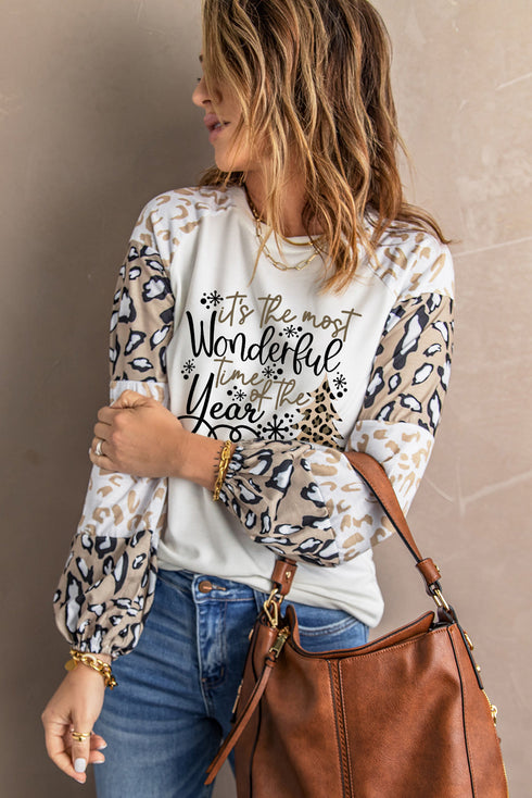 Beige Wonderful Christmas Season Leopard Graphic Long Sleeve Top