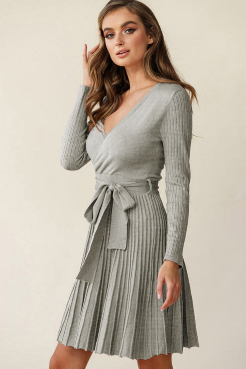 Belted V Neck Ribbed Pleated Sweater Dress
