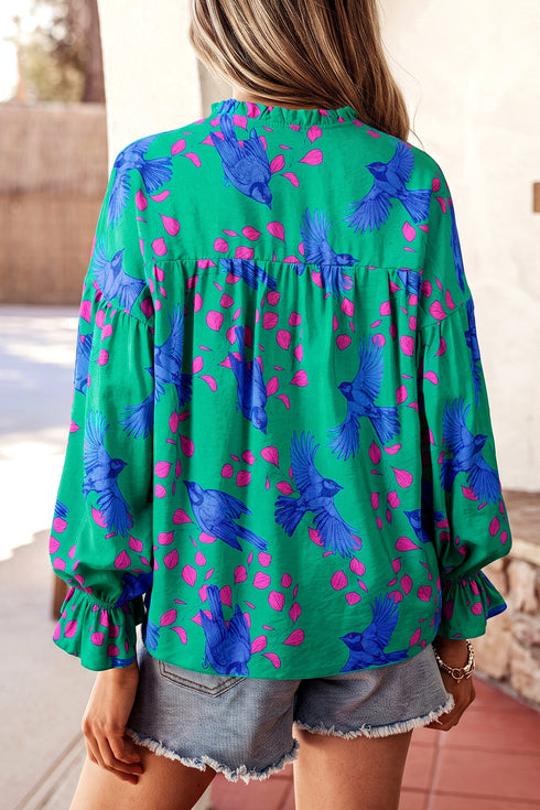 Painterly Abstract Print V Neck Flounced Puff Sleeve Blouse
