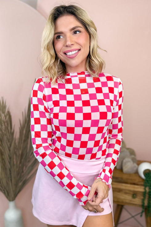 Plaid Checkered Sheer Mesh Long Sleeve Layering Top