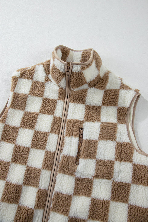 Casual Checkered Print Fleece Sherpa Collared Vest