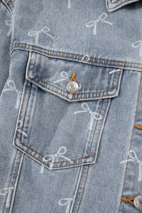 Bow Knot Print Raw Hem Washed Denim Jacket