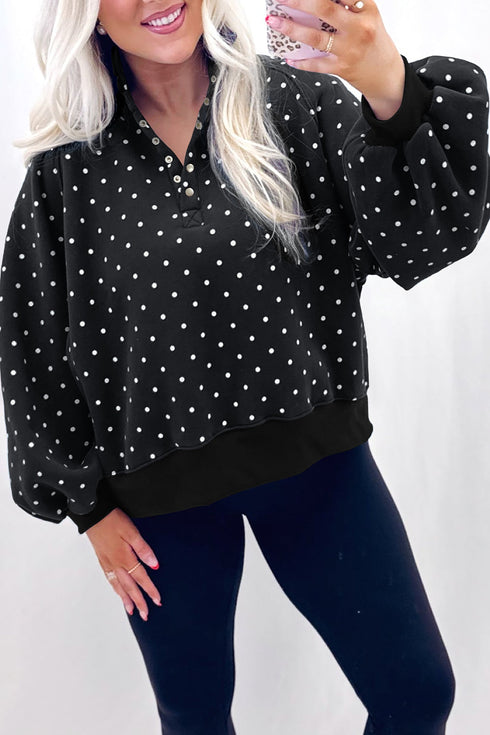 Metal Button Collar Polka Dot Pullover Sweatshirt