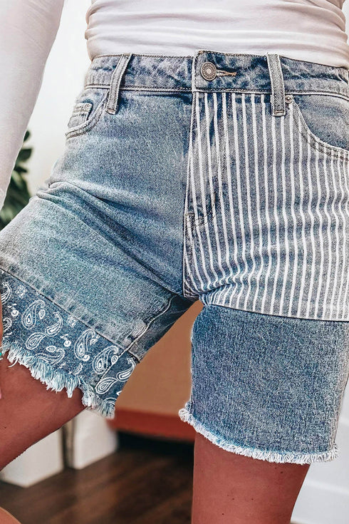 Striped Paisley Mixed Patchwork Raw Hem Denim Shorts