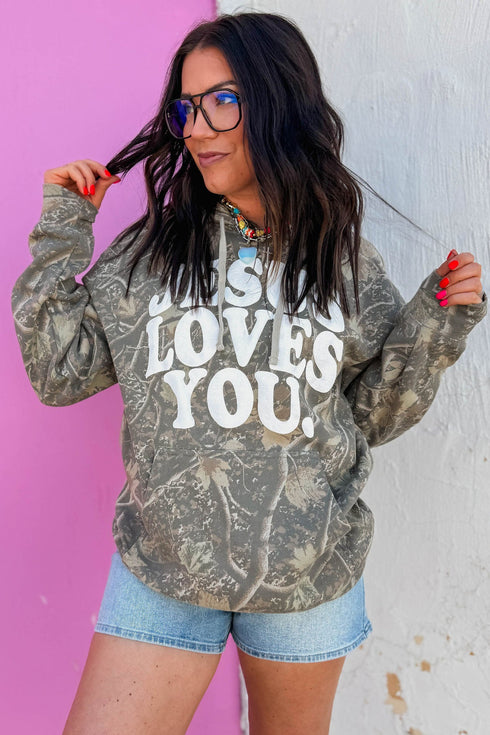 Jesus Loves You Camouflage Print Relaxed Hoodie