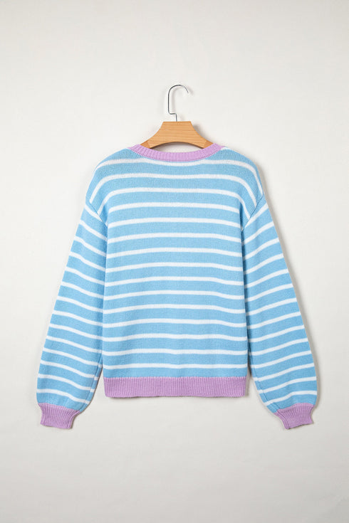 Striped Long Sleeve Round Neck Open Front Cardigan