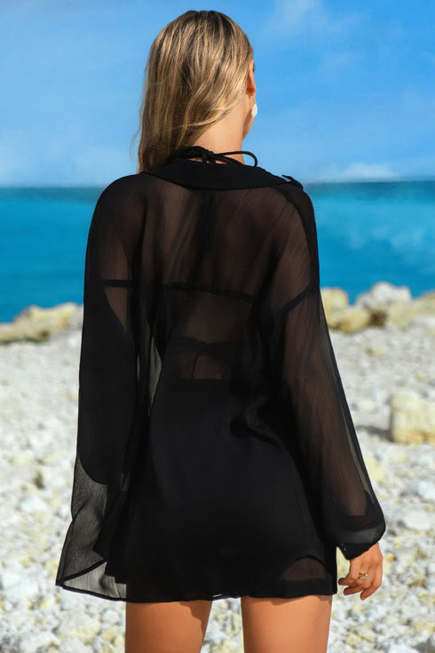 Sheer Long Sleeve Button Down Collar Beach Shirt