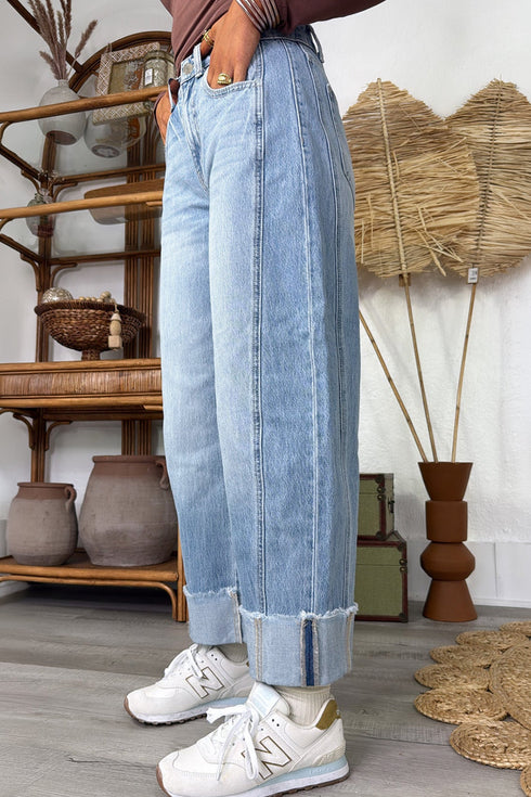Raw Hem Turnup Loose Ankle Length Barrel Jeans