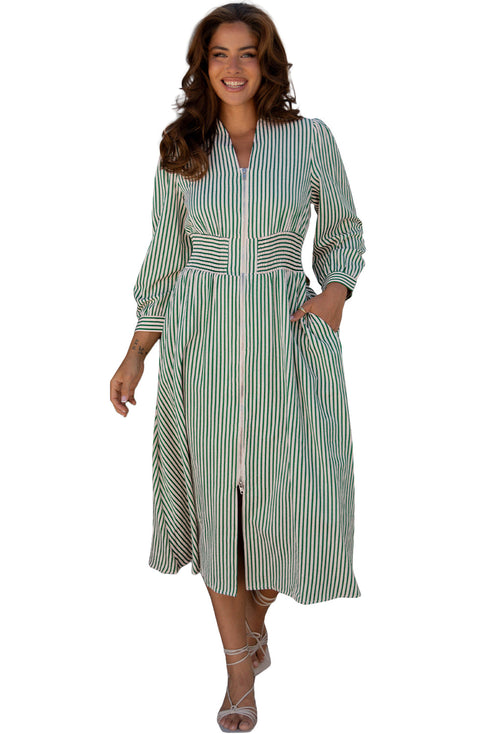 Modern Striped Zip Front Cinched High Waist Midi Dress