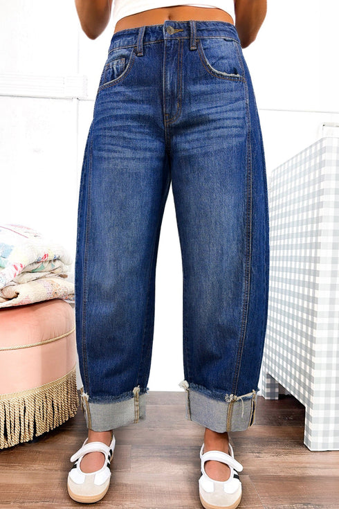 Raw Hem Turnup Loose Ankle Length Jeans