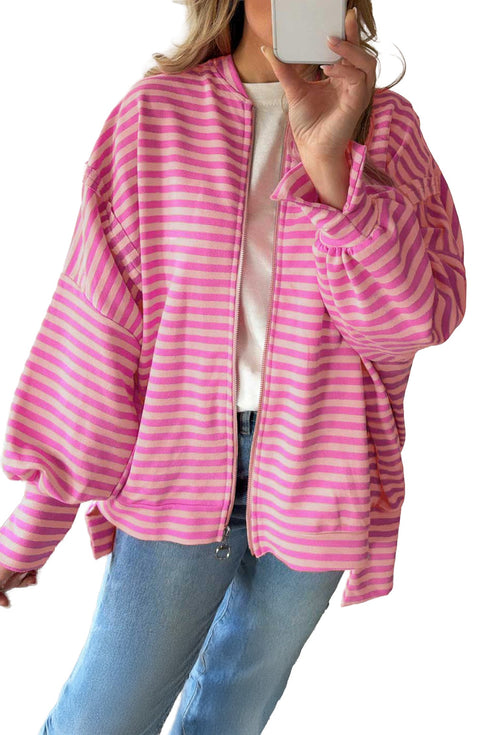 Striped Zip Up Puff Sleeve Jacket Sweatshirt
