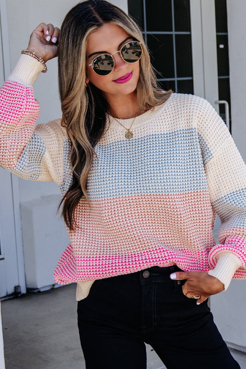 Paneled Drop Shoulder Round Neck Long Sleeve Pullover Sweater