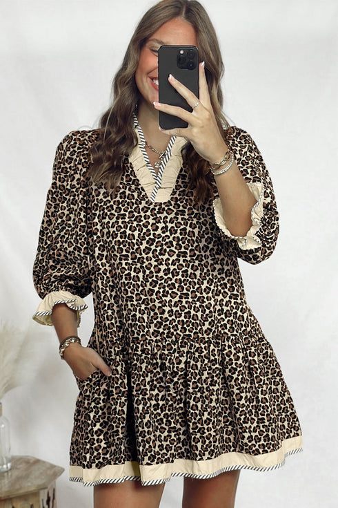 Leopard Print Contrast Trim Bracelet Sleeve Mini Dress