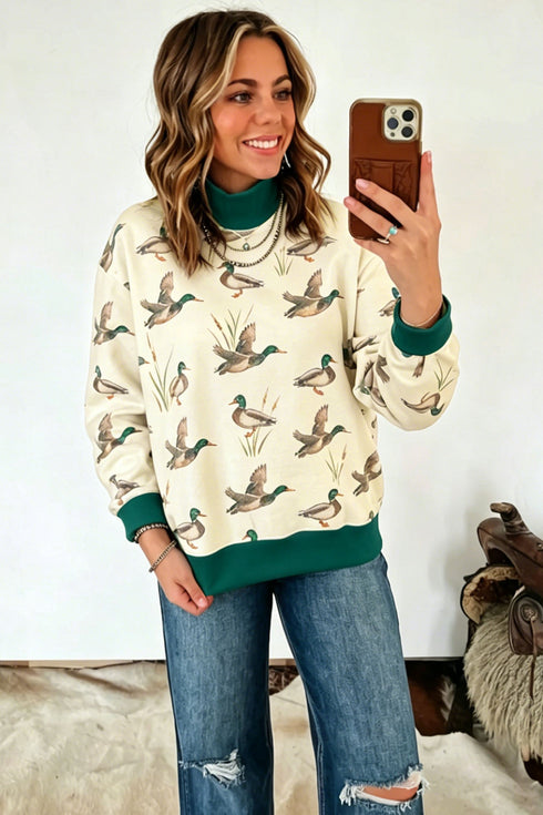 Mallard Duck Print Patchwork High Neck Sweatshirt