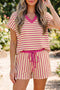 Striped V Neck Tee Drawstring Elastic Waist Short Set