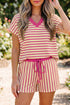 Striped V Neck Tee Drawstring Elastic Waist Short Set