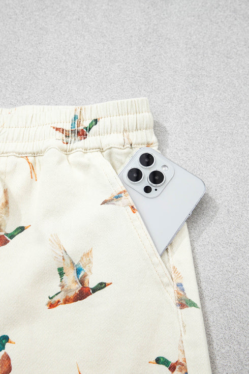Wild Duck Mallard Print Drawstring Stretch Denim Shorts