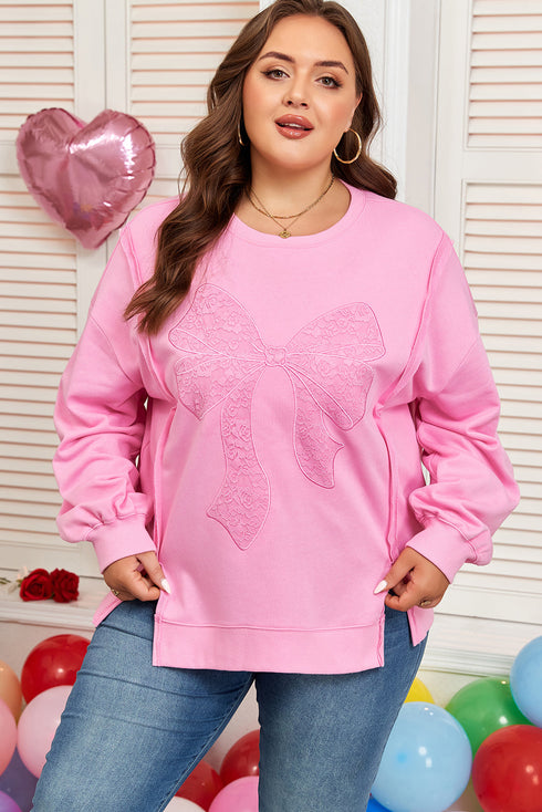 Big Bow Lace Embroidered Dolman Sleeve Slit Sweatshirt