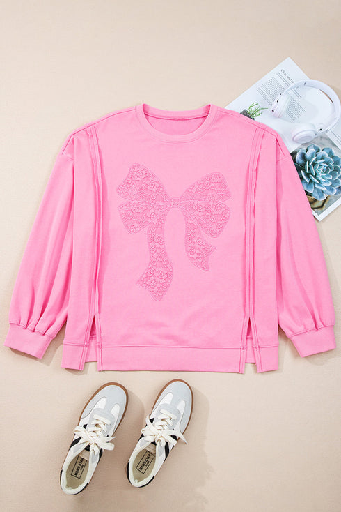 Big Bow Lace Embroidered Dolman Sleeve Slit Sweatshirt