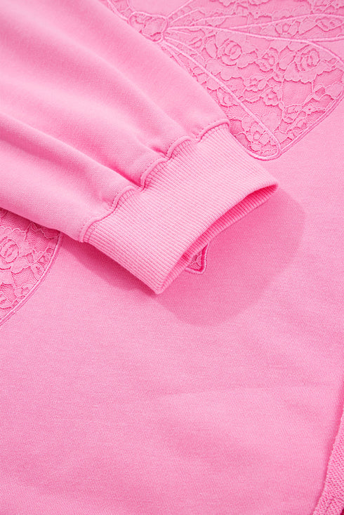 Big Bow Lace Embroidered Dolman Sleeve Slit Sweatshirt